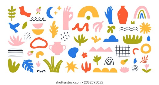 Abstract doodle objects set vector illustration. Cartoon isolated colorful geometric shapes and textures, flowers and plants, ancient pottery and bird, minimal trendy nature art and decoration