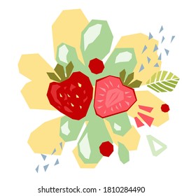Resumen de objetos de doodle, fresa y hojas. El papel es de estilo contemporáneo. Vector