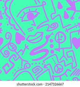 Abstract Doodle One Line Drawing Faces Masks Geometric Egyptian Shapes Icons and Symbols Repeating Vector Pattern with Isolated Background