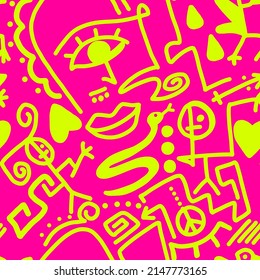 Abstract Doodle One Line Drawing Faces Masks Geometric Egyptian Shapes Icons   Symbols Repeating Vector Pattern and Isolated Background