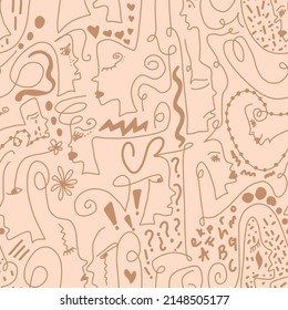 Abstract Doodle One Line Drawing Faces Masks and Geometric Shapes Repeating Vector Pattern with Isolated Background