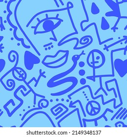 Abstract Doodle One Line Drawing Faces Masks Geometric Egyptian Shapes Icons and Symbols Repeating Vector Pattern with Isolated Background