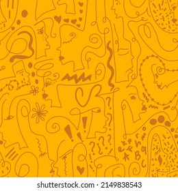 Abstract Doodle One Line Drawing Faces Masks and Geometric Shapes Repeating Vector Pattern with Isolated Background