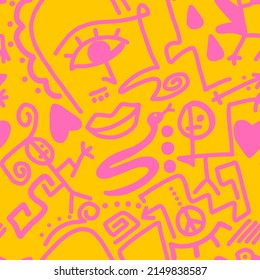 Abstract Doodle One Line Drawing Faces Masks Geometric Egyptian Shapes Icons and Symbols Repeating Vector Pattern with Isolated Background