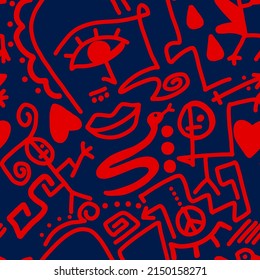 Abstract Doodle One Line Drawing Faces Masks Geometric Egyptian Shapes Icons and Symbols Repeating Vector Pattern with Isolated Background
