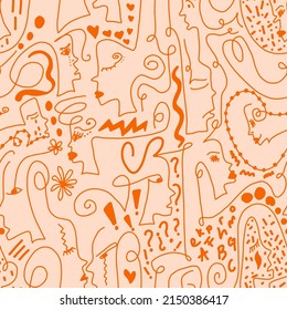 Abstract Doodle One Line Drawing Faces Masks   Geometric Shapes Repeating Vector Pattern and Isolated Background
