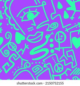 Abstract Doodle One Line Drawing Faces Masks Geometric Egyptian Shapes Icons and Symbols Repeating Vector Pattern with Isolated Background