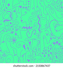 Abstract Doodle One Line Drawing Faces Masks and Geometric Shapes Repeating Vector Pattern with Isolated Background