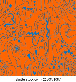 Abstract Doodle One Line Drawing Faces Masks and Geometric Shapes Repeating Vector Pattern with Isolated Background