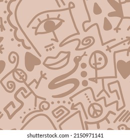 Abstract Doodle One Line Drawing Faces Masks Geometric Egyptian Shapes Icons and Symbols Repeating Vector Pattern with Isolated Background
