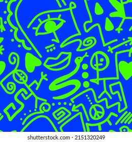 Abstract Doodle One Line Drawing Faces Masks Geometric Egyptian Shapes Icons and Symbols Repeating Vector Pattern with Isolated Background