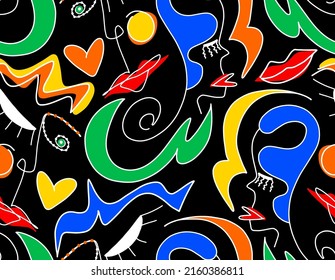 Abstract Doodle One Line Drawing Faces Masks Hearts and Geometric Shapes Repeating Vector Pattern with Isolated Background