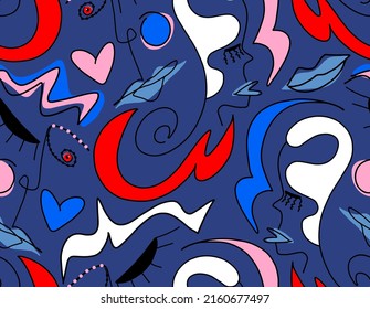 Abstract Doodle One Line Drawing Faces Masks Hearts and Geometric Shapes Repeating Vector Pattern with Isolated Background