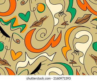 Abstract Doodle One Line Drawing Faces Masks Hearts and Geometric Shapes Repeating Vector Pattern with Isolated Background
