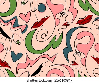 Abstract Doodle One Line Drawing Faces Masks Hearts and Geometric Shapes Repeating Vector Pattern with Isolated Background