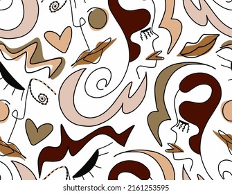 Abstract Doodle One Line Drawing Faces Masks Hearts and Geometric Shapes Repeating Vector Pattern with Isolated Background