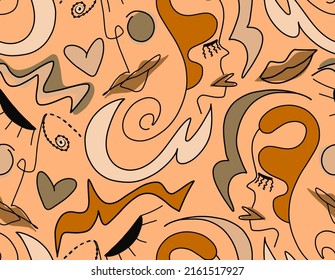 Abstract Doodle One Line Drawing Faces Masks Hearts and Geometric Shapes Repeating Vector Pattern with Isolated Background
