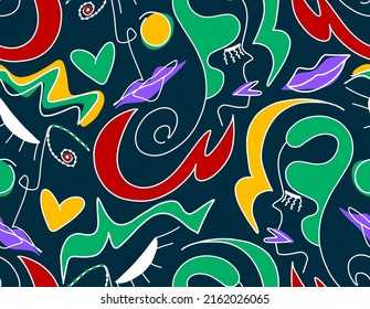 Abstract Doodle One Line Drawing Faces Masks Hearts and Geometric Shapes Repeating Vector Pattern with Isolated Background