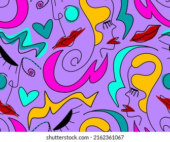 Abstract Doodle One Line Drawing Faces Masks Hearts and Geometric Shapes Repeating Vector Pattern with Isolated Background