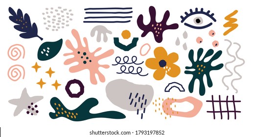 Abstract doodle organic shapes. Contemporary geometric elements and hand drawn trendy objects. Modern vector illustration.