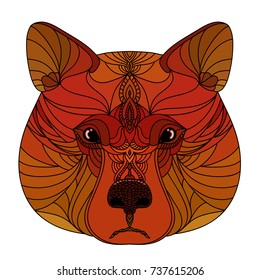 Abstract doodle ornamental bear head. Modern handmade red bear portrait pattern background for design t shirt, veterinary clinic poster, gift card, bag print, art workshop advertising etc.
