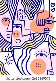 Abstrakte Doodle Umriss Gesicht Porträt Wandkunst Kubismus Vektorgrafik. Line Art Design für Plakatdruck, Karte, Kunstdruck, Cover, Dekoration.