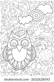 Abstract Doodle Owl Coloring Page, Black and white line art doodle illustration featuring a stylized owl surrounded by abstract shapes, patterns, and stars, perfect for coloring books, relaxation,