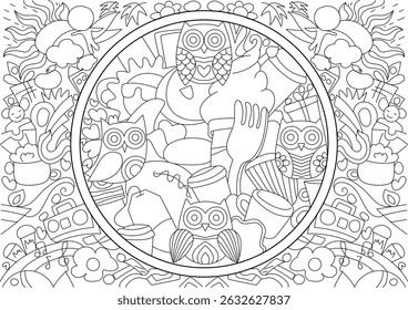 Abstract Doodle Owls Coloring Page, Black and white line art illustration featuring various owls and a collection of whimsical objects such as hearts, flowers, music notes, a boombox, coffee cups,