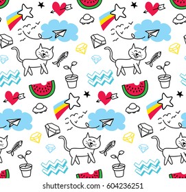abstract doodle pattern with cat, watermelon, cloud, etc