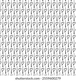 Abstract doodle pattern of hearts and dots. Black and white pattern.