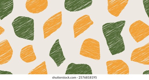 Abstract doodle pattern, minimalist art with trendy shapes green and yellow, seamless designs on textiles, clothing, gift wrapping, banners, home decor, abstract backgrounds. Vector illustration.