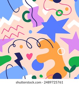 Abstract doodle pattern. Seamless colorful background, repeating print with scribble elements, organic shapes. Endless texture design for wrapping, textile, fabric. Colored flat vector illustration