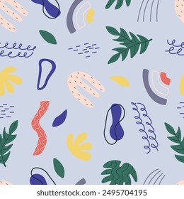 Abstract doodle pattern. Seamless colorful background, repeating print with scribble elements, organic shapes. Endless texture design for wrapping, textile, fabric. Colored flat vector illustration