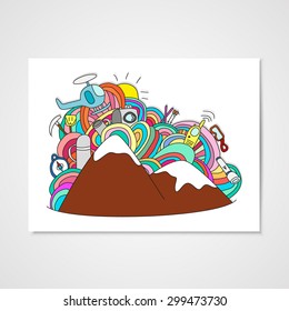 Abstract doodle pattern with ski and other object for ski vacation