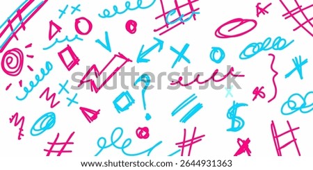 Abstract doodle pattern with various shapes and symbols in vibrant pink and turquoise