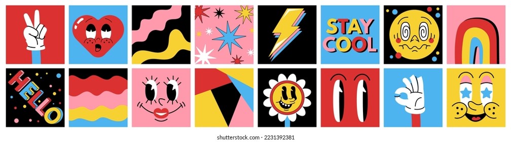 Abstract doodle patterns, funny face posters. Color squares, comic collage art, modern prints, trendy characters. Mascot gestures. Cartoon flat isolated set. Vector graphic shapes - Shutterstock ID 2231392381
