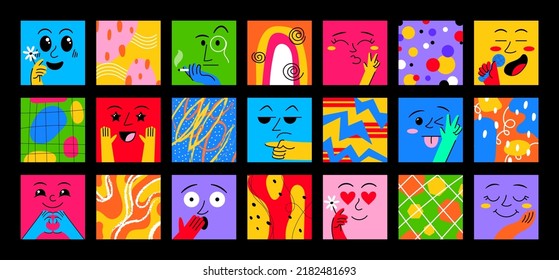 Abstract doodle patterns. Geometric shape design with cartoon faces, art color comic set, square collage trendy doodle portraits, bright colorful cards or prints. Vector graphic posters - Shutterstock ID 2182481693