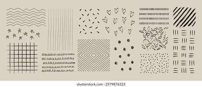 Abstract doodle patterns with lines, dots, and shapes. Repeated patterns include lines, dots, and shapes. Creative abstract doodle art with diverse patterns. Element vector set.