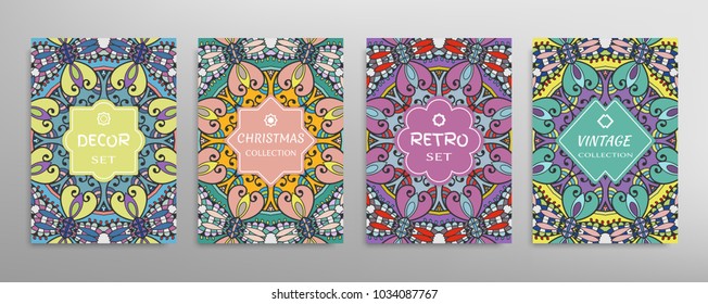 Abstract doodle patterns set for card, invitation, cover, banner, size A4. Hand drawn colorful artistic texture, decorative ornament. Stylish vintage, retro, christmas, decor label set