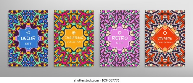 Abstract doodle patterns set for card, invitation, cover, banner, size A4. Hand drawn colorful artistic texture, decorative ornament. Stylish vintage, retro, christmas, decor label set