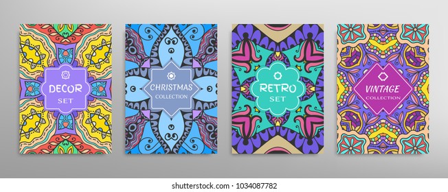 Abstract doodle patterns set for card, invitation, cover, banner, size A4. Hand drawn colorful artistic texture, decorative ornament. Stylish vintage, retro, christmas, decor label set