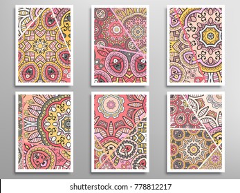 Abstract doodle patterns set for card, invitation, cover, banner. Hand drawn asymmetric texture, decorative ornament. Patchwork quilt vintage elements. Colorful artistic background