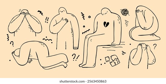 Abstract doodle people in depression set. Character feeling unhappy and sad concept. Hand drawn vector illustration