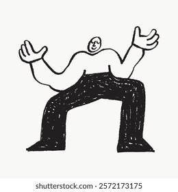 Abstract doodle of a person with exaggerated limbs. Black and white sketch with bold lines. Playful and artistic illustration of a human figure. Simple black line art doodle vector.