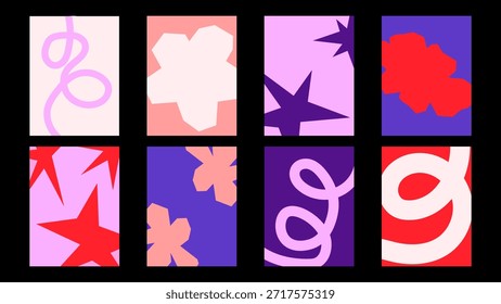 Abstractas colección de póster doodle con Formas ingenuas y líneas fluidas. Diseño moderno y colorido para carteles, impresiones y diseños digitales