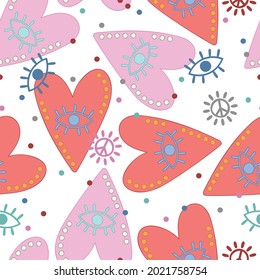 Abstract doodle print. Heart. Eyes. Seamless vector pattern (background). Cartoon ornament. 