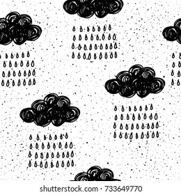 Abstract doodle rain seamless patten background. Monochrome black and white patten for design greeting card, modern party invitation, halloween holiday menu, bag print, t shirt design etc.