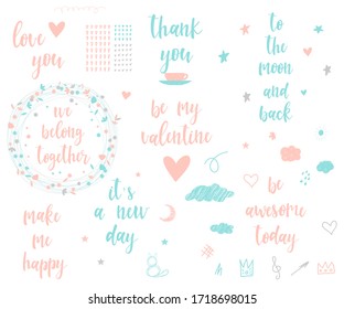 Abstract doodle romantic set for design birthday card, wedding party invitation, art worcshop advertising etc