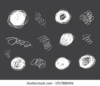 Abstract doodle round frames and hatches. Hand drawn pencil scribbles.  Coal edge background. Vector isolated ink textures.