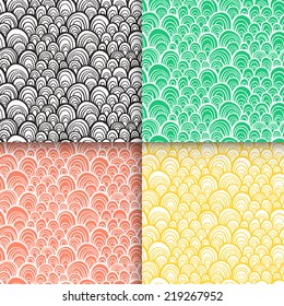 Abstract doodle scale seamless patterns set. Vector illustration